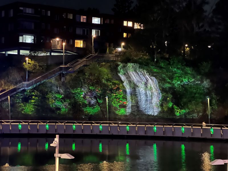 video projection onto rock face of landscape and various flora and fauna