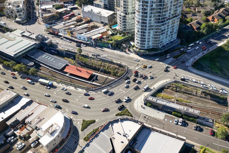 Drone view of bridge with cars going across the bridge