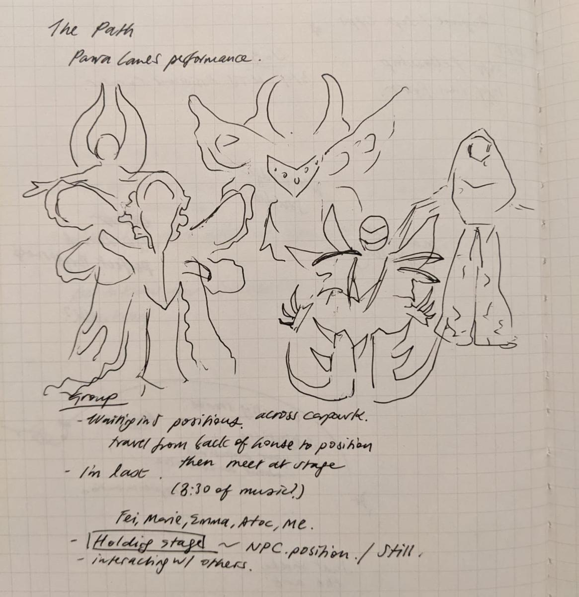 A line sketch of five costumed figures