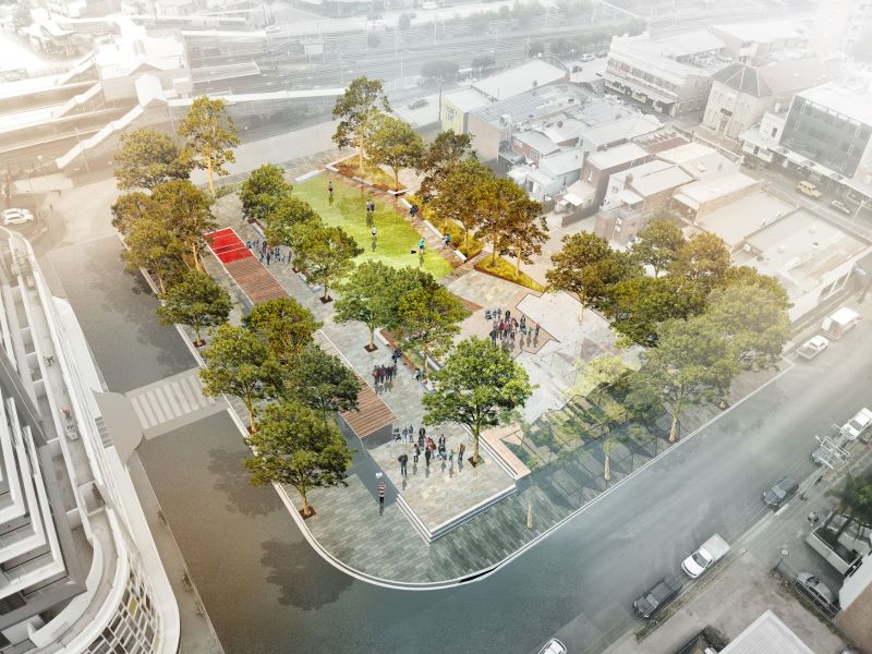 Artist impression of Granville Town Square with trees, paths and green area 