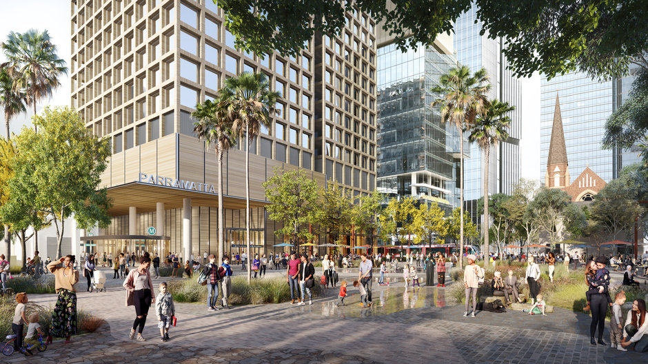 People walking in Parramatta with buildings in background