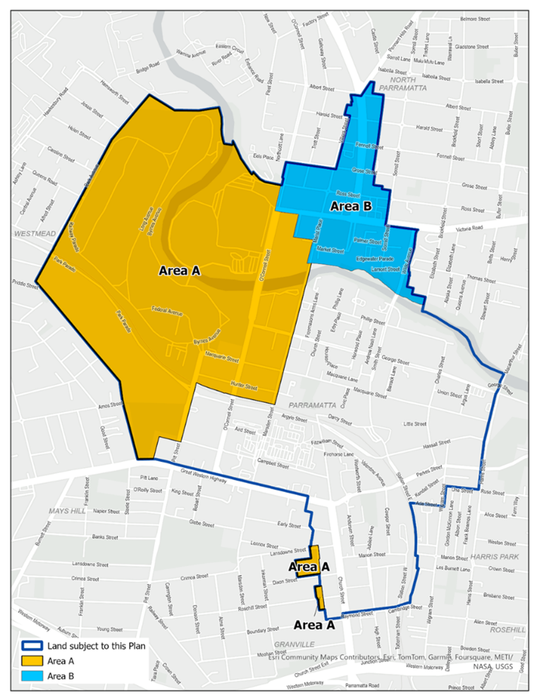 map of Parramatta City Centre Local Infrastructure Contribution Plan 2022 highlighted in yellow and blue