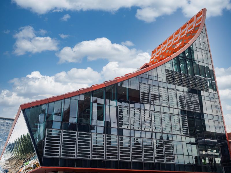 PHIVE exterior, Red roof and glass panels on building